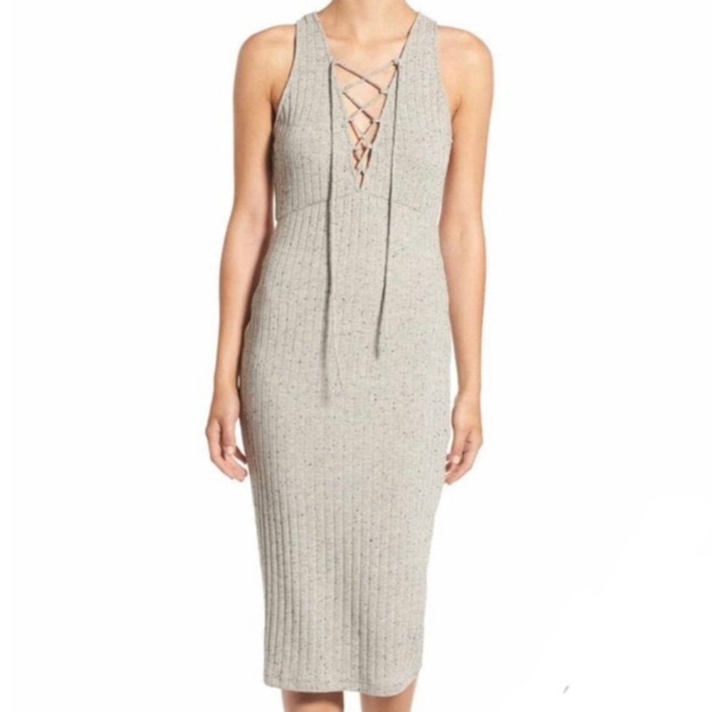 ASTR The Label Gray Ribbed Bodycon Tie Front